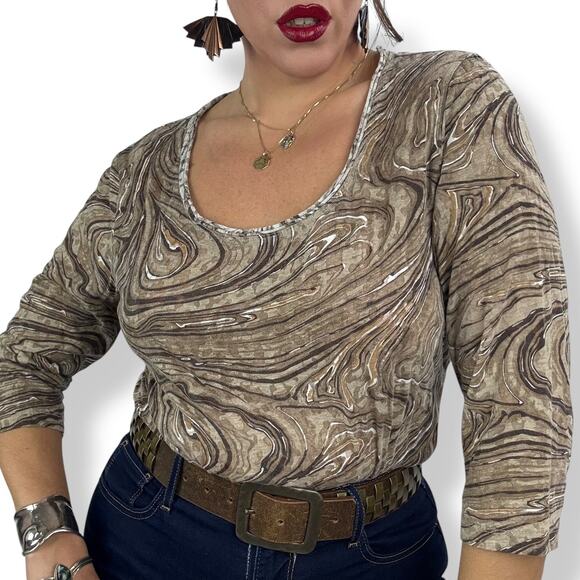 Vintage Tops - 90's tan trippy swirl camo cotton blend scoop neck semi sheer blouse by FRESH